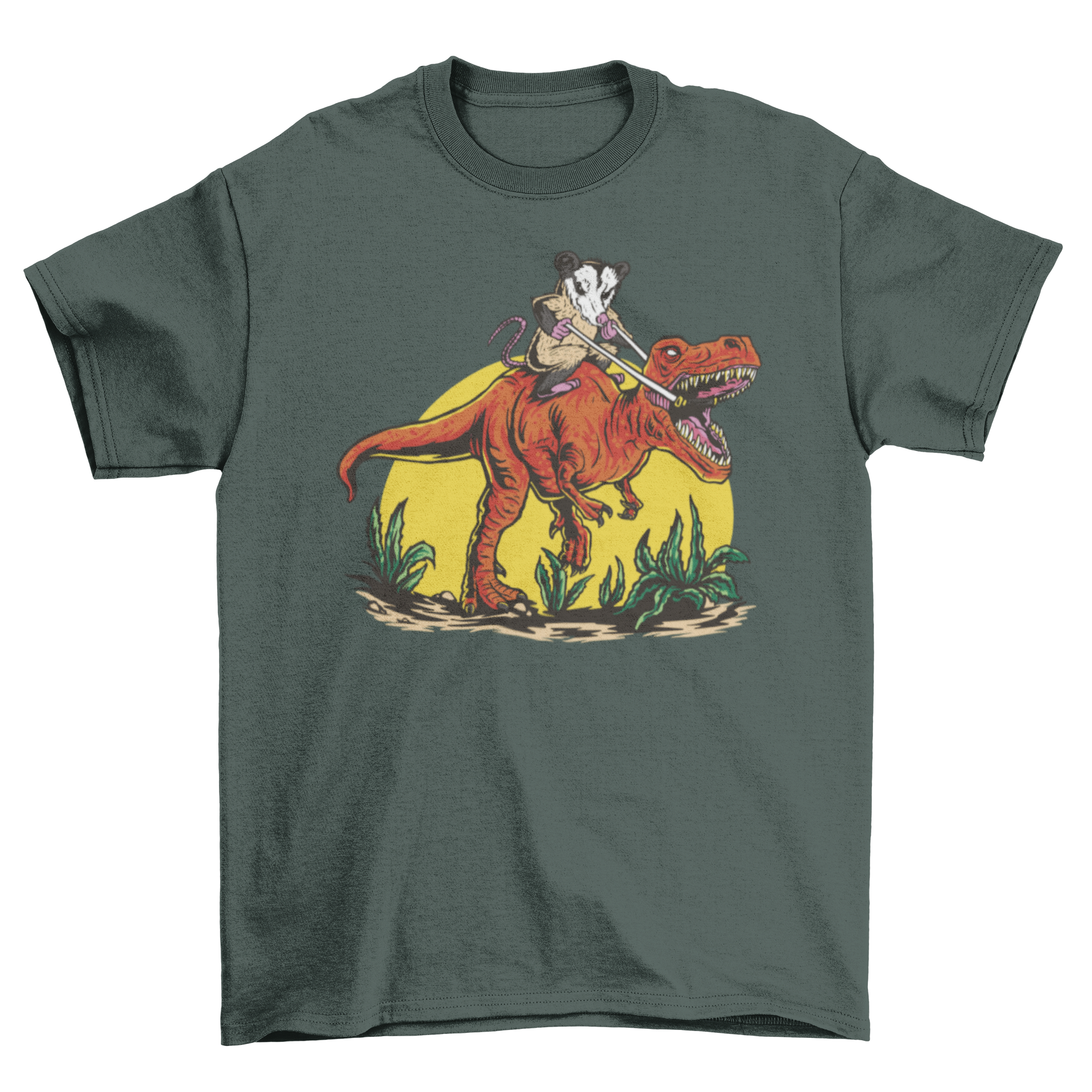 A playful t-shirt featuring an opossum riding a T-Rex dinosaur, showcasing a fun and whimsical design.