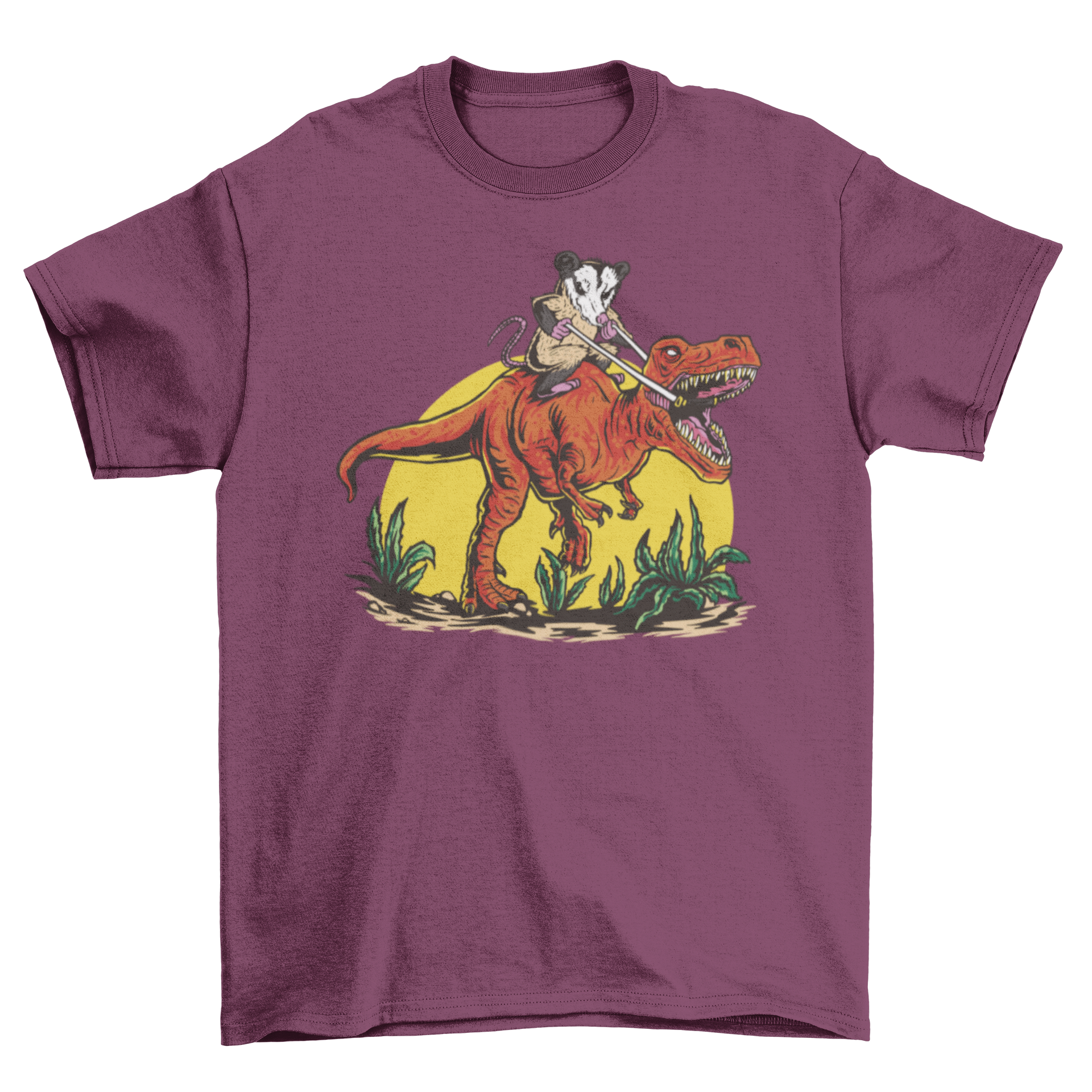A playful t-shirt featuring an opossum riding a T-Rex dinosaur, showcasing a fun and whimsical design.