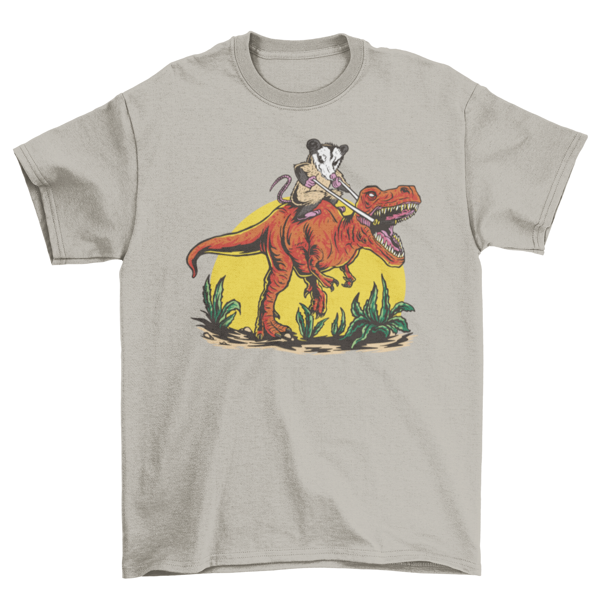 A playful t-shirt featuring an opossum riding a T-Rex dinosaur, showcasing a fun and whimsical design.