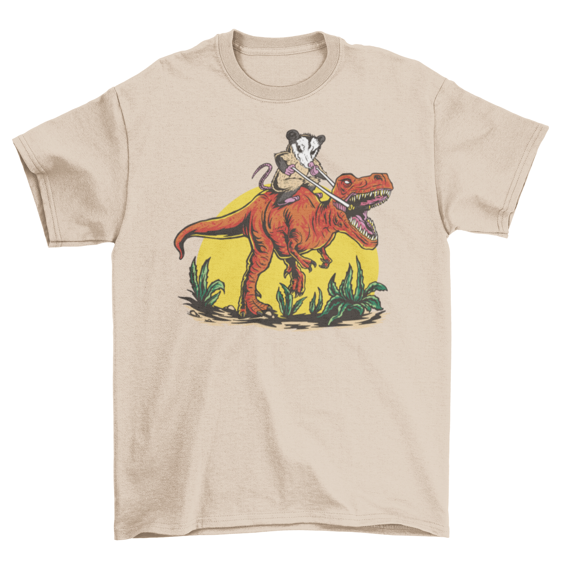 A playful t-shirt featuring an opossum riding a T-Rex dinosaur, showcasing a fun and whimsical design.