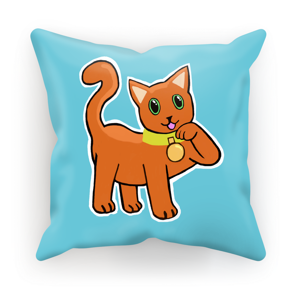 Orange Cat Sublimation Cushion Cover featuring a vibrant cat design on soft suede or satin fabric, available in two sizes.
