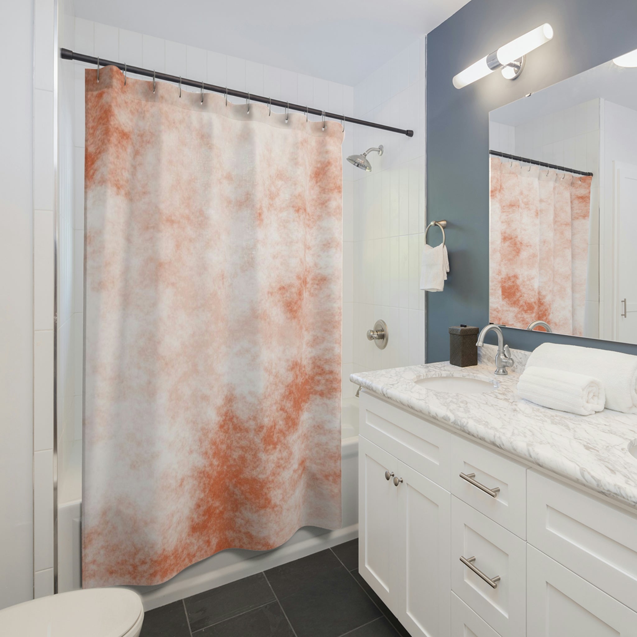 Vibrant orange clouds shower curtain hanging in a bathroom, showcasing a unique design and durable polyester material.