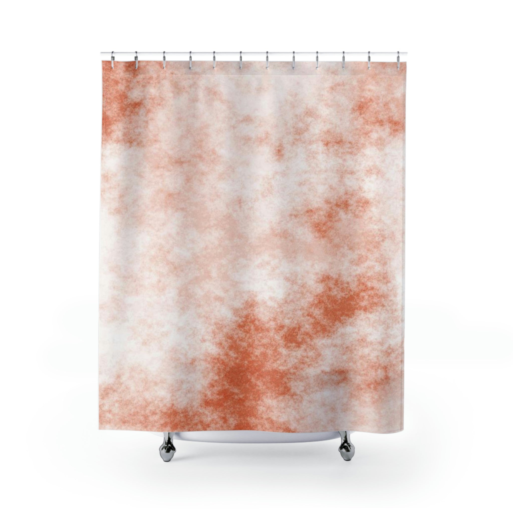 Vibrant orange clouds shower curtain hanging in a bathroom, showcasing a unique design and durable polyester material.
