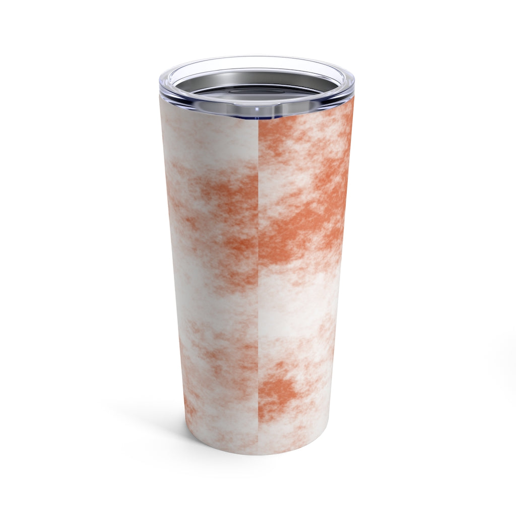 Orange Clouds Tumbler 20oz made of stainless steel with a vibrant design and see-thru plastic lid, perfect for travel and outdoor use.