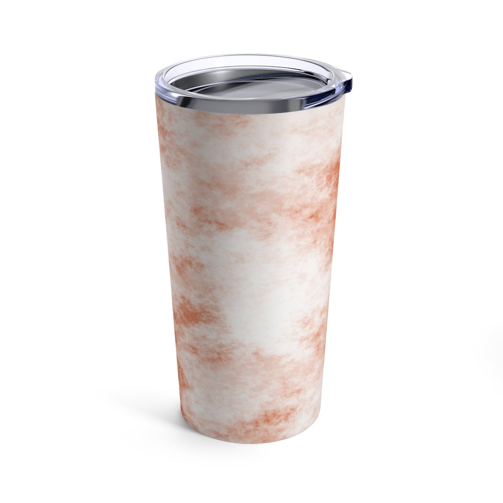 Orange Clouds Tumbler 20oz made of stainless steel with a vibrant design and see-thru plastic lid, perfect for travel and outdoor use.