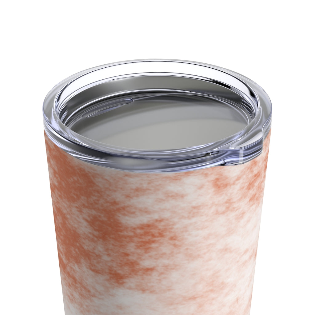 Orange Clouds Tumbler 20oz made of stainless steel with a vibrant design and see-thru plastic lid, perfect for travel and outdoor use.