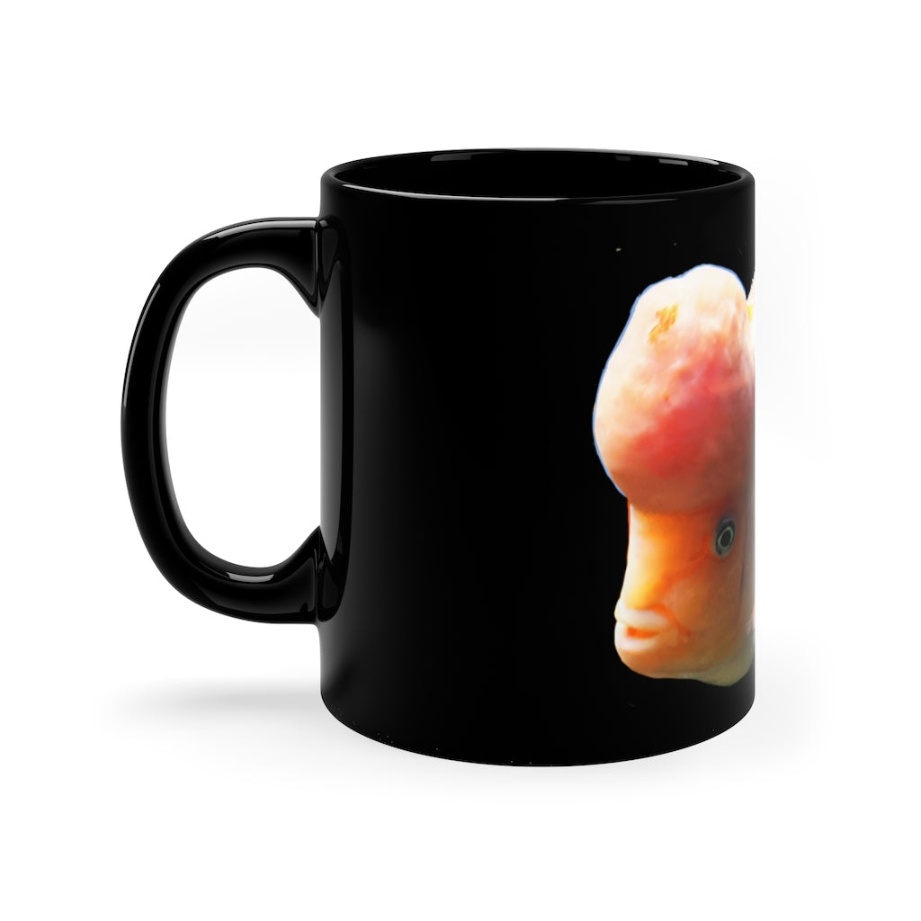 Orange Fish 11oz black ceramic mug with a sleek design, perfect for coffee, tea, or hot chocolate.