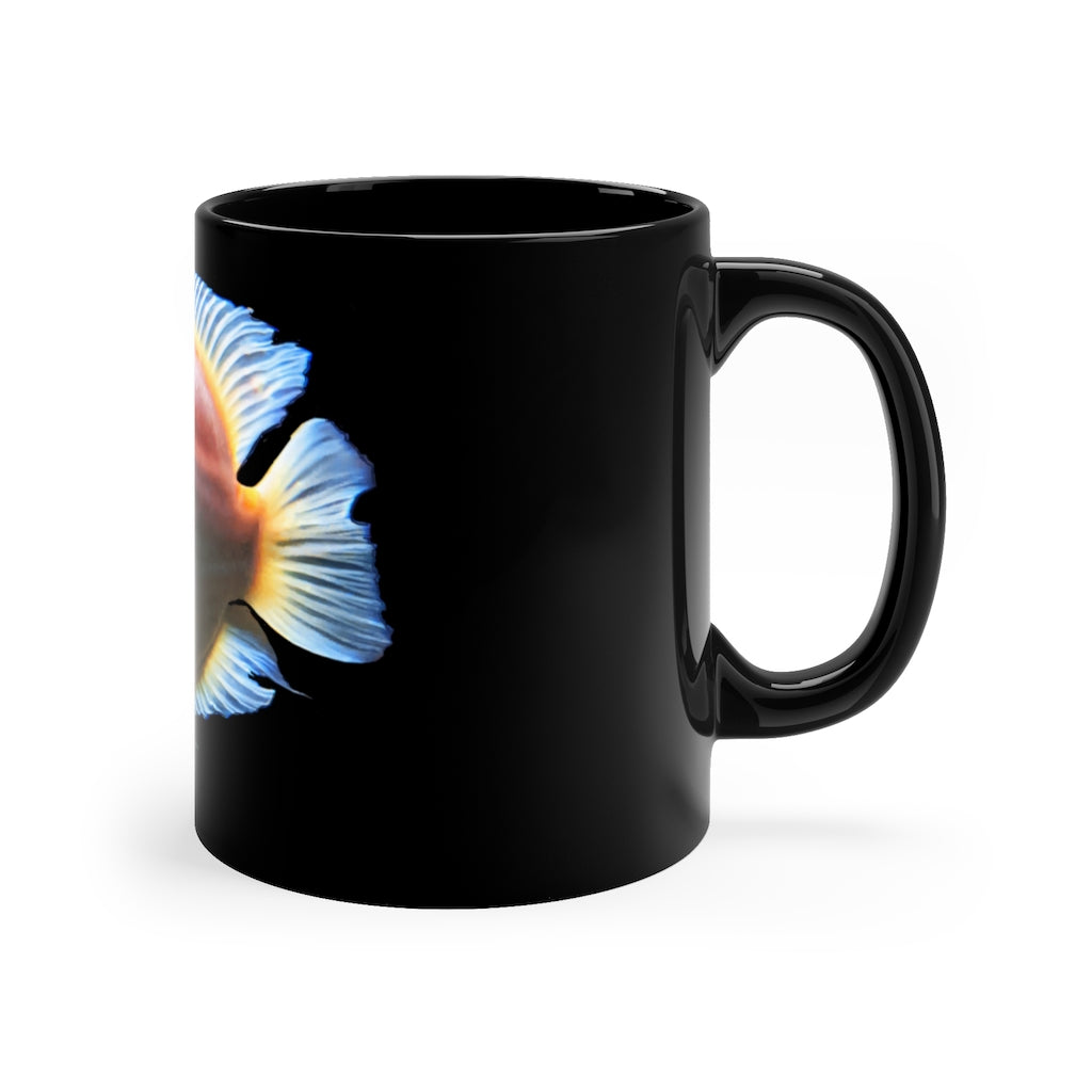 Orange Fish 11oz black ceramic mug with a sleek design, perfect for coffee, tea, or hot chocolate.