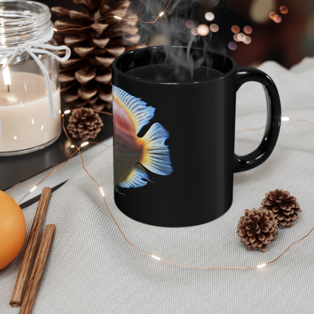 Orange Fish 11oz black ceramic mug with a sleek design, perfect for coffee, tea, or hot chocolate.