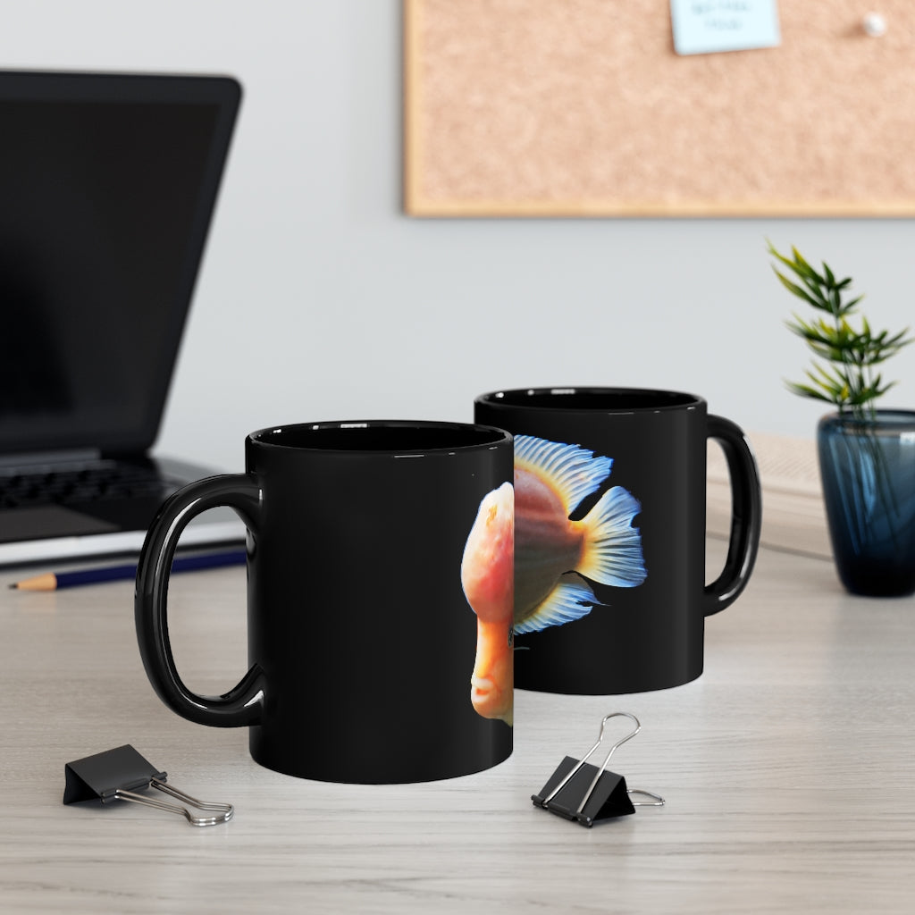 Orange Fish 11oz black ceramic mug with a sleek design, perfect for coffee, tea, or hot chocolate.