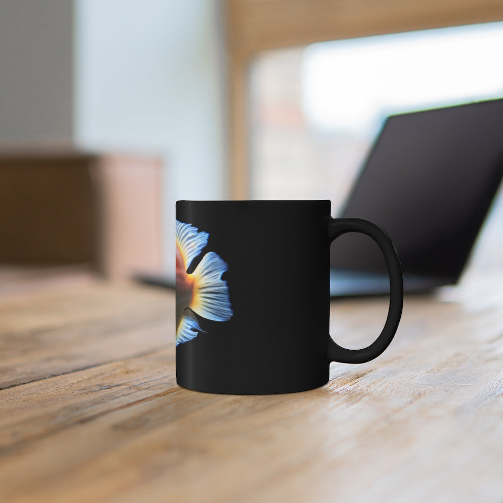 Orange Fish 11oz black ceramic mug with a sleek design, perfect for coffee, tea, or hot chocolate.