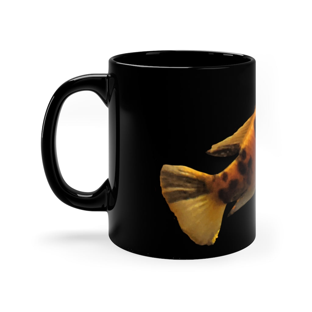 Orange Fish 11oz black ceramic mug with a C-handle, perfect for coffee, tea, or hot chocolate.