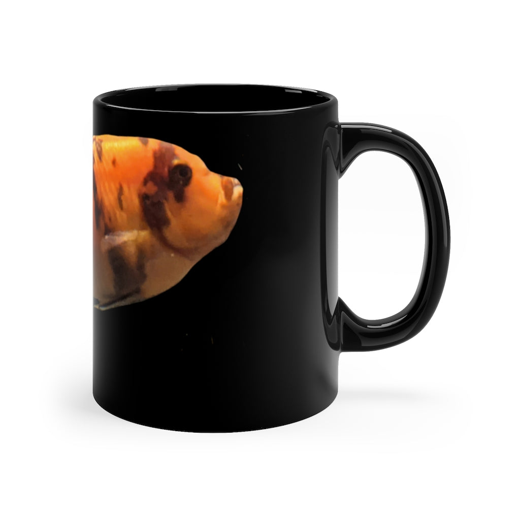 Orange Fish 11oz black ceramic mug with a C-handle, perfect for coffee, tea, or hot chocolate.