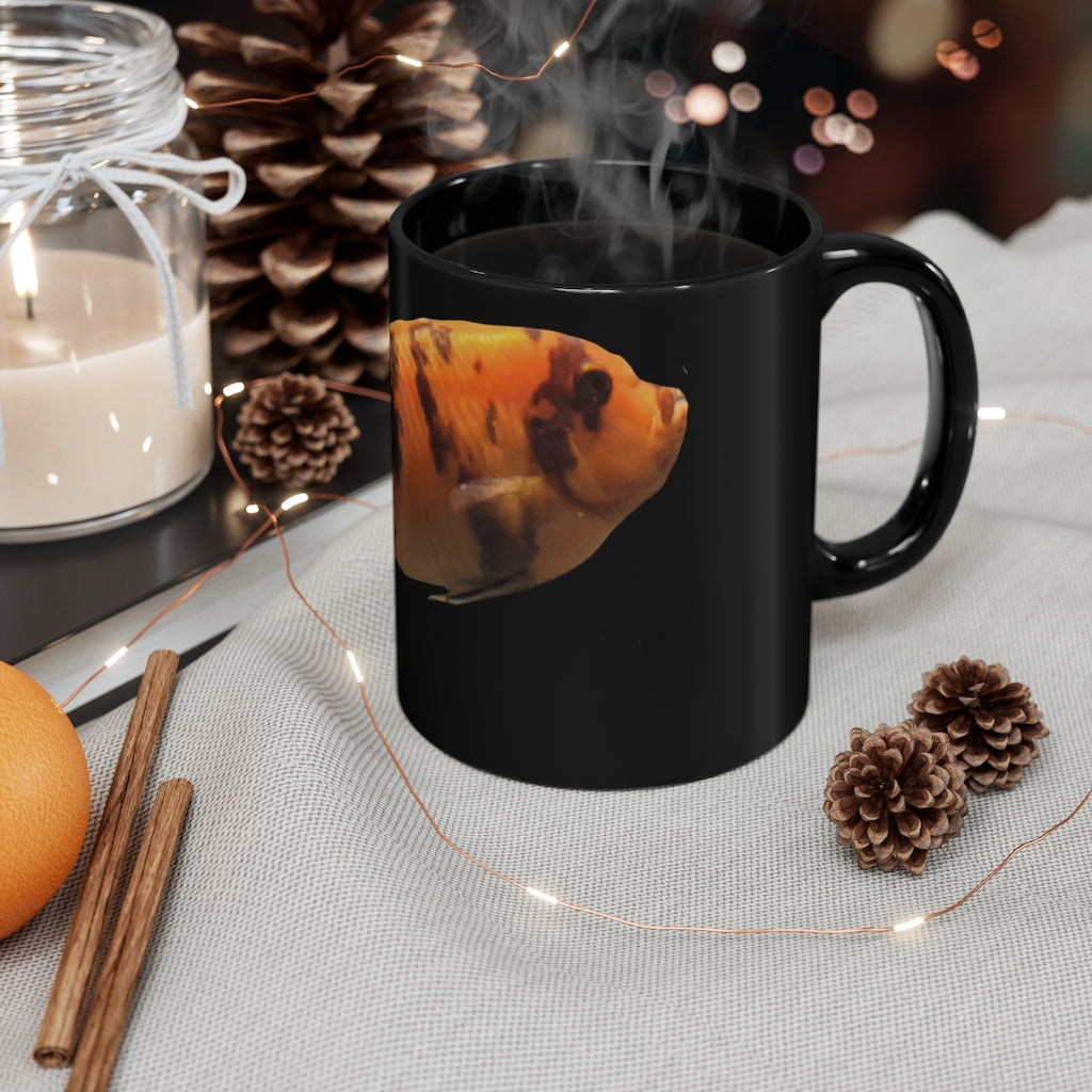 Orange Fish 11oz black ceramic mug with a C-handle, perfect for coffee, tea, or hot chocolate.