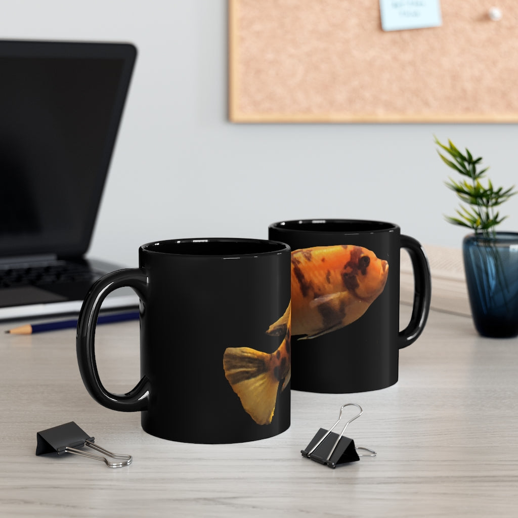 Orange Fish 11oz black ceramic mug with a C-handle, perfect for coffee, tea, or hot chocolate.