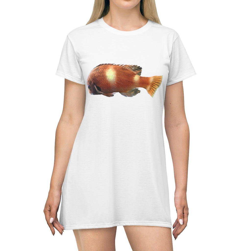 A vibrant orange fish print T-shirt dress, showcasing a fun and stylish design perfect for casual outings.