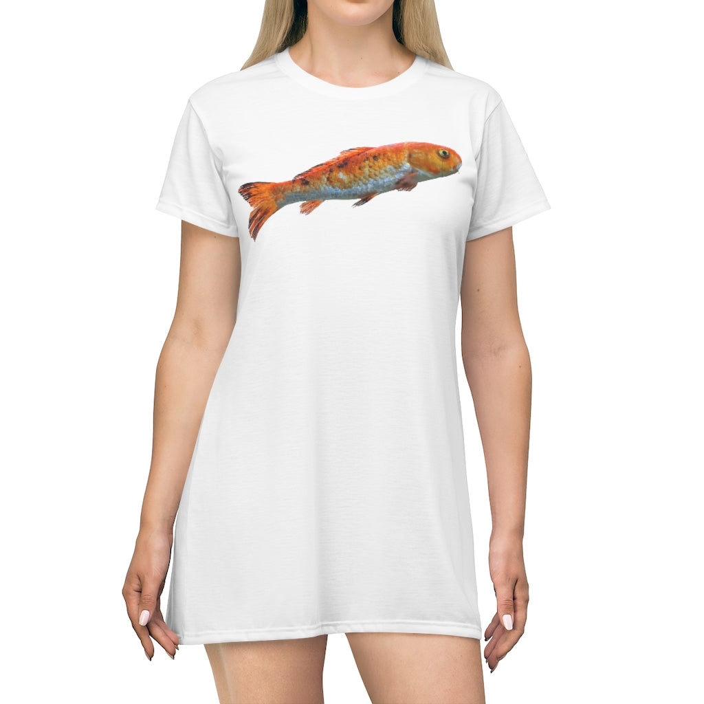 A vibrant orange fish all over print t-shirt dress, showcasing a playful design on lightweight fabric.
