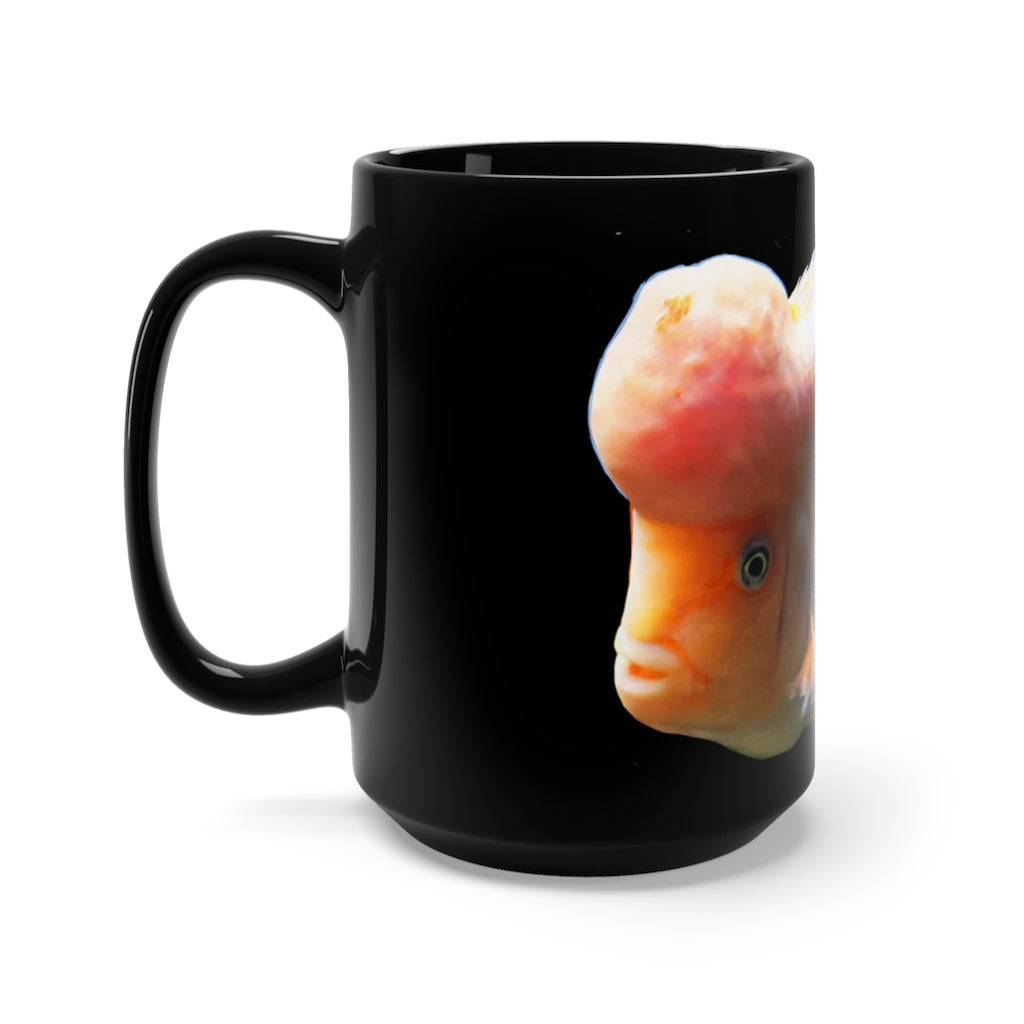 A stylish black ceramic mug with an orange fish design, perfect for coffee and tea lovers, featuring a comfortable C-handle.