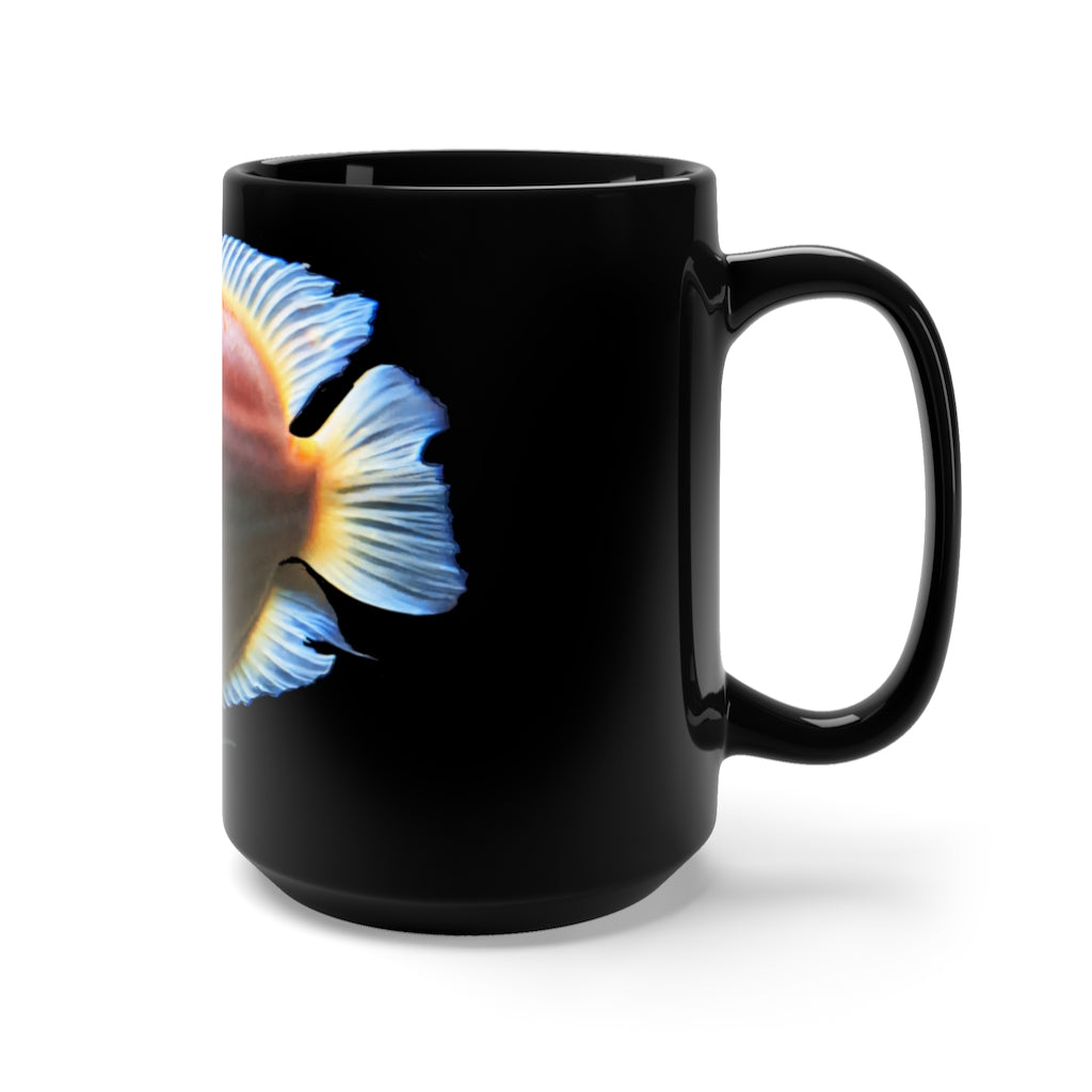 A stylish black ceramic mug with an orange fish design, perfect for coffee and tea lovers, featuring a comfortable C-handle.
