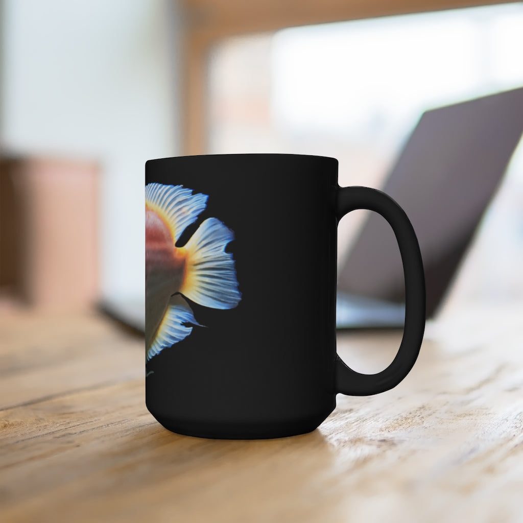 A stylish black ceramic mug with an orange fish design, perfect for coffee and tea lovers, featuring a comfortable C-handle.