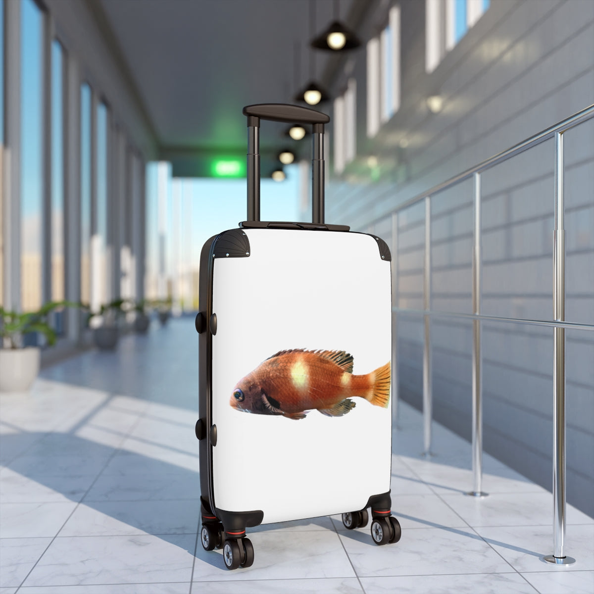 Orange Fish Cabin Suitcase with personalized design, lightweight and durable, featuring adjustable handle and 360° swivel wheels.