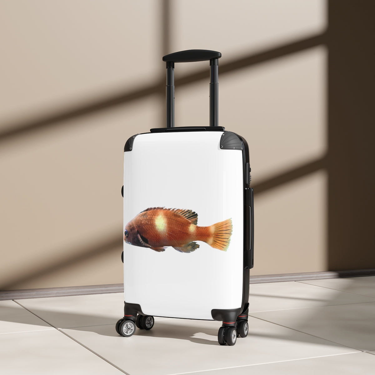 Orange Fish Cabin Suitcase with personalized design, lightweight and durable, featuring adjustable handle and 360° swivel wheels.