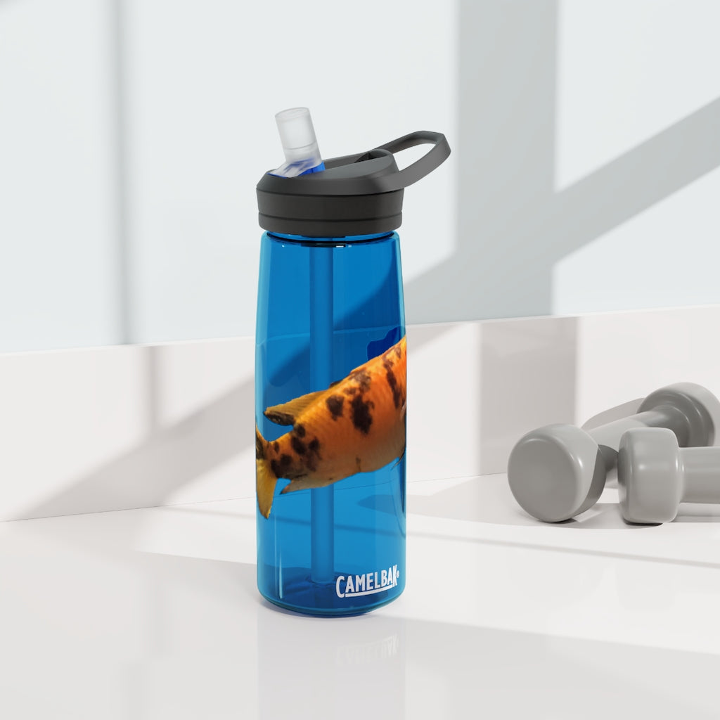 Orange Fish CamelBak Eddy® Water Bottle in 20oz and 25oz sizes, showcasing its durable design and spill-proof valve.