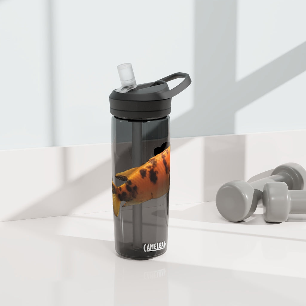 Orange Fish CamelBak Eddy® Water Bottle in 20oz and 25oz sizes, showcasing its durable design and spill-proof valve.