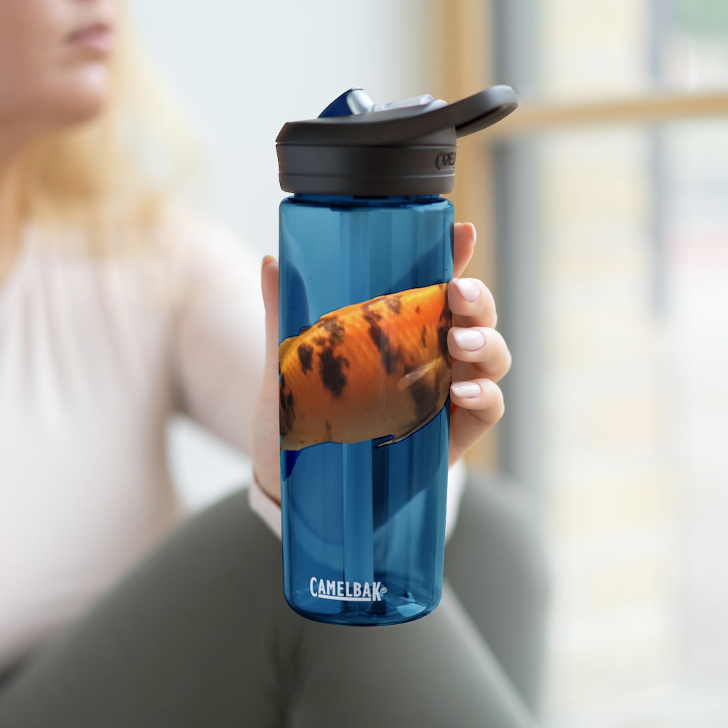 Orange Fish CamelBak Eddy® Water Bottle in 20oz and 25oz sizes, showcasing its durable design and spill-proof valve.