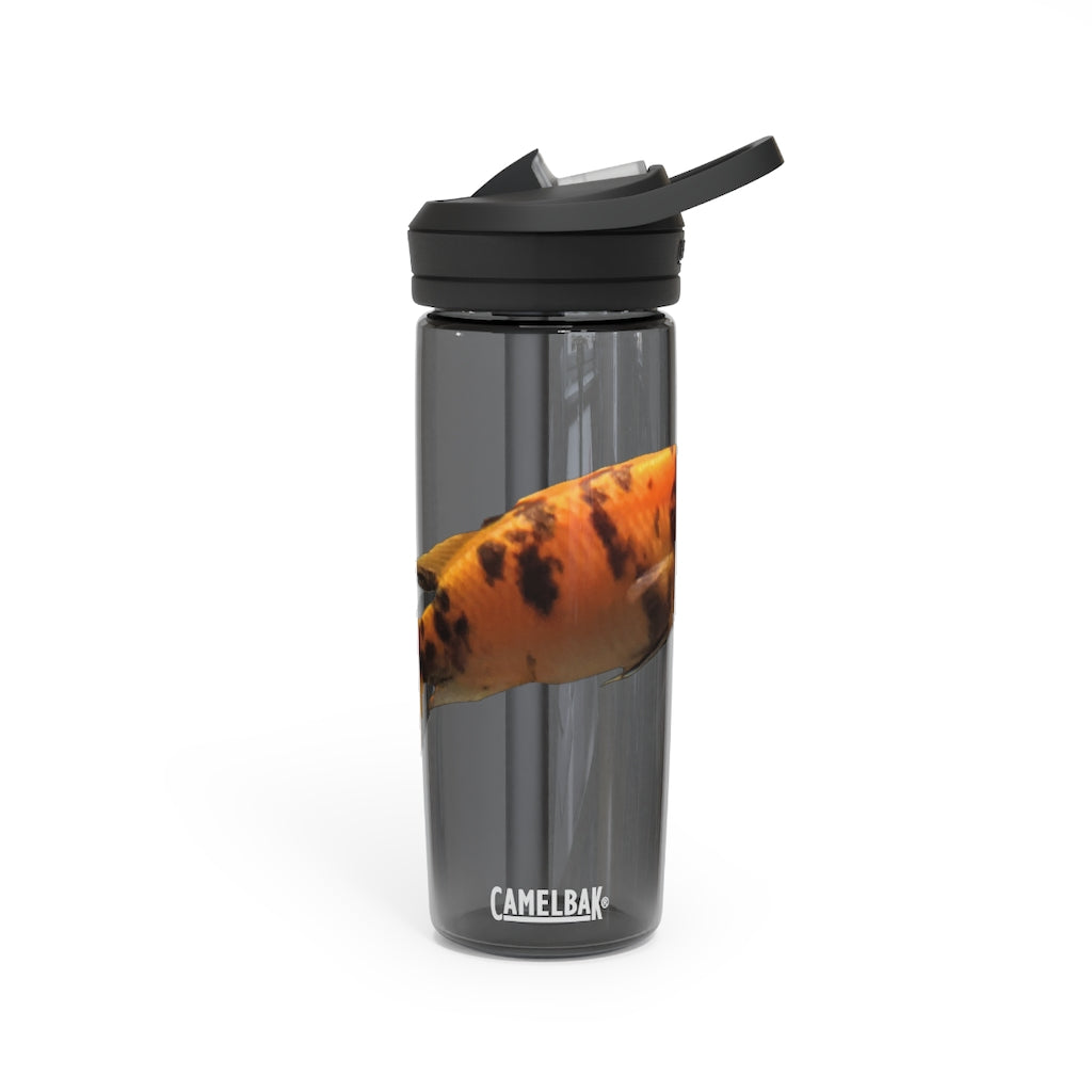 Orange Fish CamelBak Eddy® Water Bottle in 20oz and 25oz sizes, showcasing its durable design and spill-proof valve.
