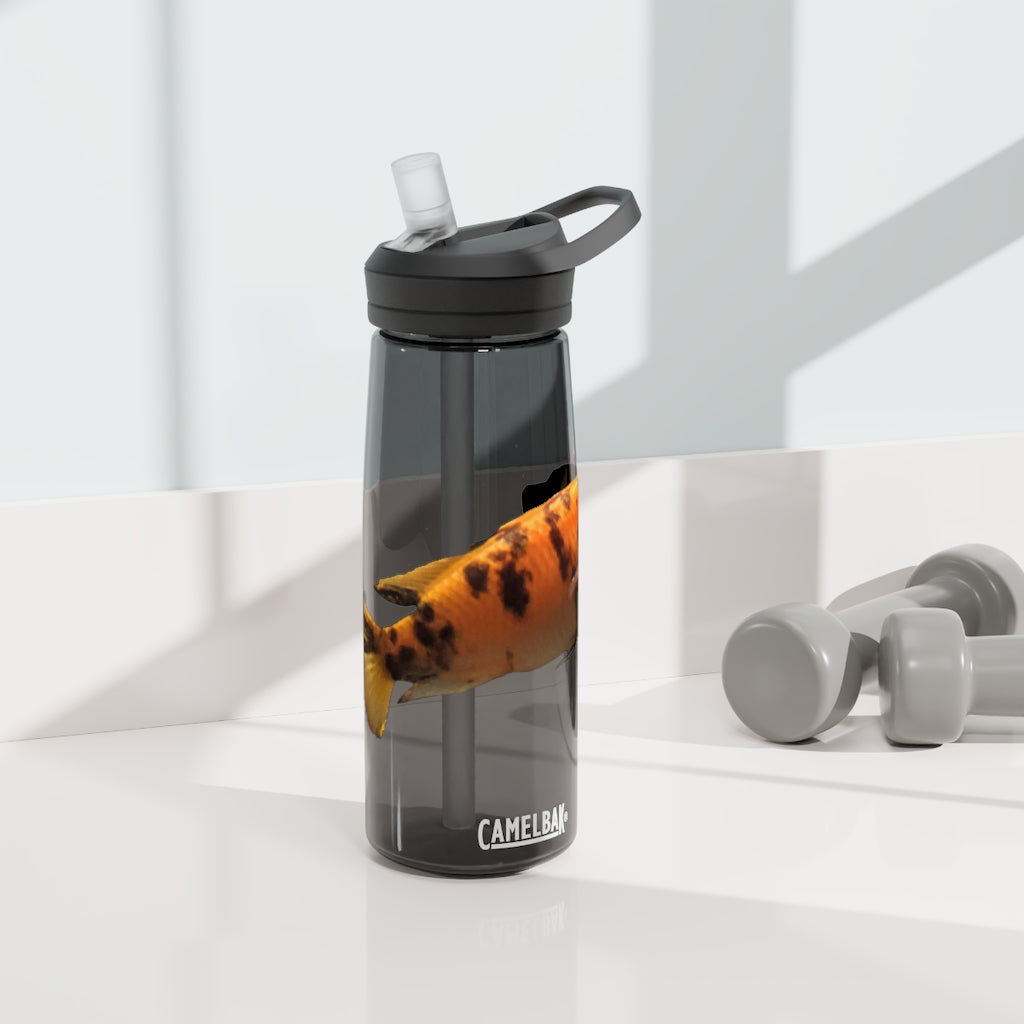 Orange Fish CamelBak Eddy® Water Bottle in 20oz and 25oz sizes, showcasing its durable design and spill-proof valve.