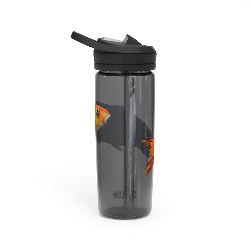 Orange Fish CamelBak Eddy® Water Bottle in 20oz and 25oz sizes, showcasing its durable design and spill-proof valve.