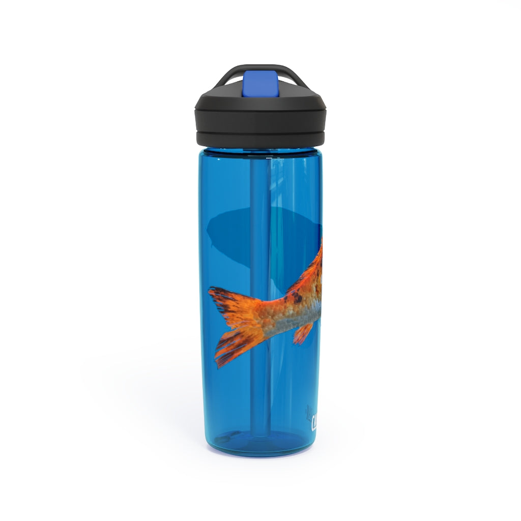 Orange Fish CamelBak Eddy® Water Bottle in 20oz and 25oz sizes, showcasing its durable design and spill-proof valve.