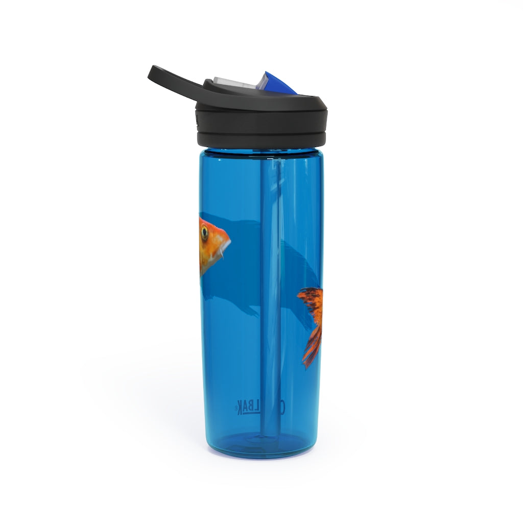Orange Fish CamelBak Eddy® Water Bottle in 20oz and 25oz sizes, showcasing its durable design and spill-proof valve.