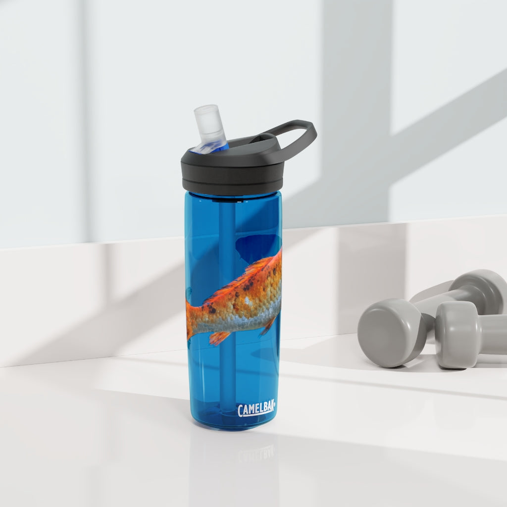 Orange Fish CamelBak Eddy® Water Bottle in 20oz and 25oz sizes, showcasing its durable design and spill-proof valve.