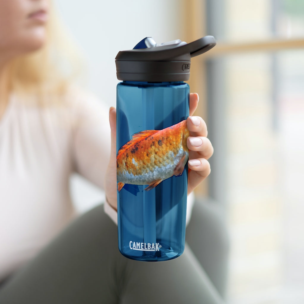 Orange Fish CamelBak Eddy® Water Bottle in 20oz and 25oz sizes, showcasing its durable design and spill-proof valve.