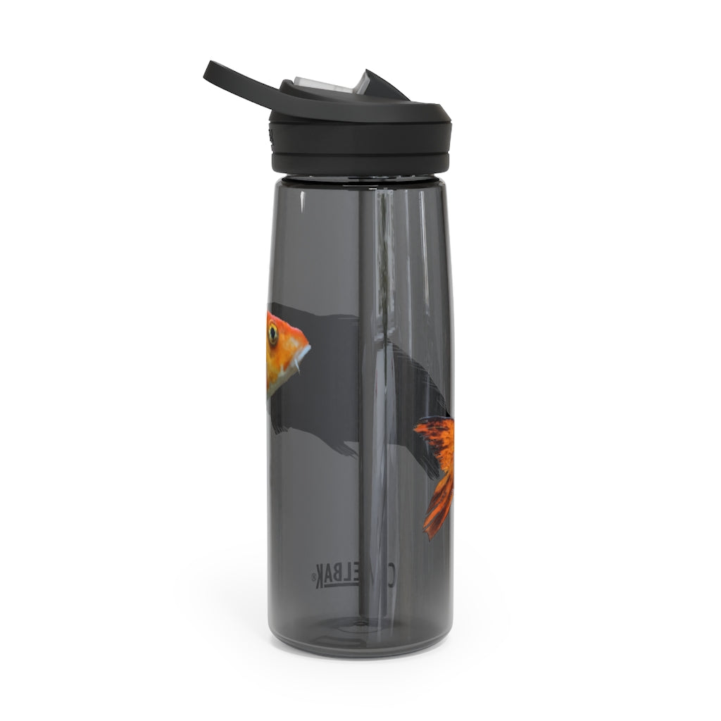 Orange Fish CamelBak Eddy® Water Bottle in 20oz and 25oz sizes, showcasing its durable design and spill-proof valve.