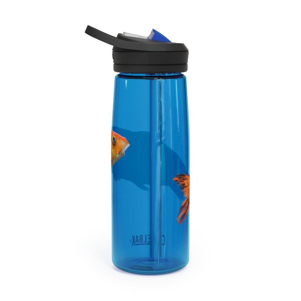 Orange Fish CamelBak Eddy® Water Bottle in 20oz and 25oz sizes, showcasing its durable design and spill-proof valve.