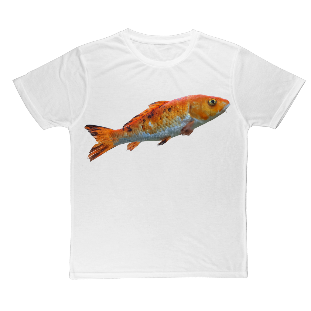 Orange Fish Classic Sublimation Adult T-Shirt featuring vibrant colors and a soft cotton-like feel, perfect for customization.