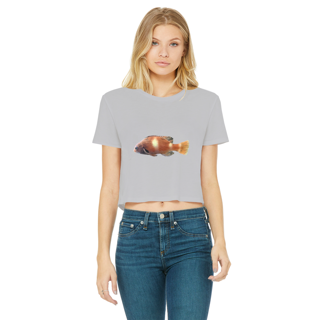 Orange Fish Classic Women's Cropped Raw Edge T-Shirt featuring a round neck and raw edge hem, made from soft cotton.