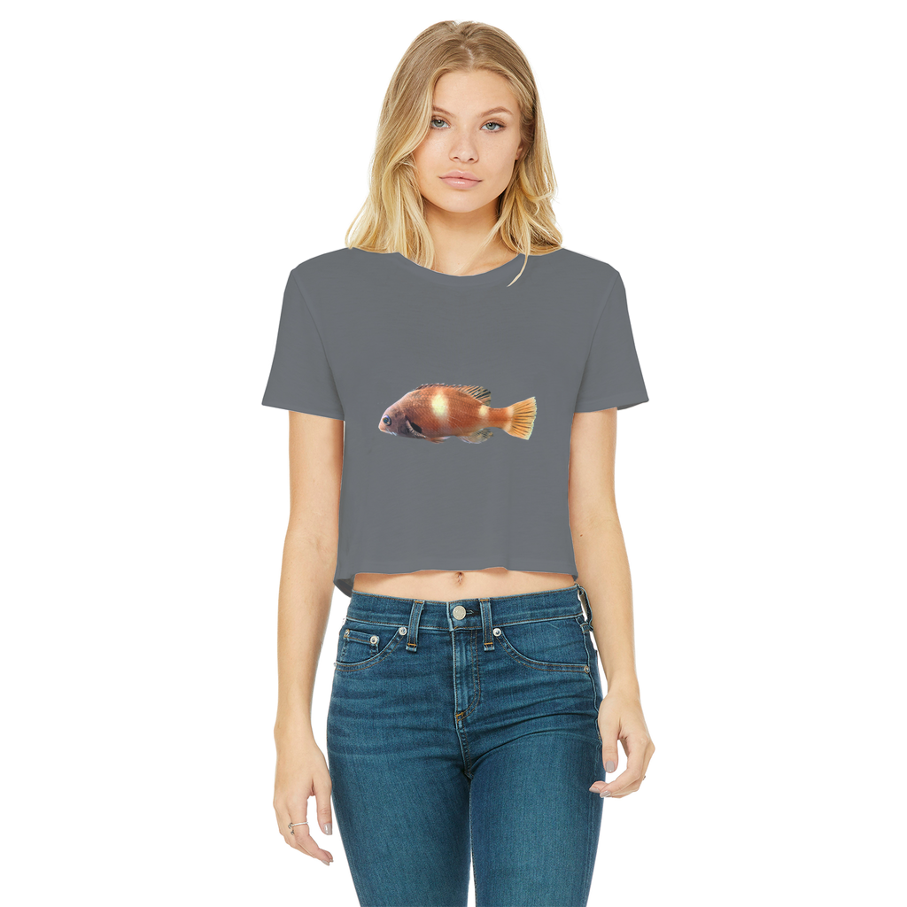 Orange Fish Classic Women's Cropped Raw Edge T-Shirt featuring a round neck and raw edge hem, made from soft cotton.