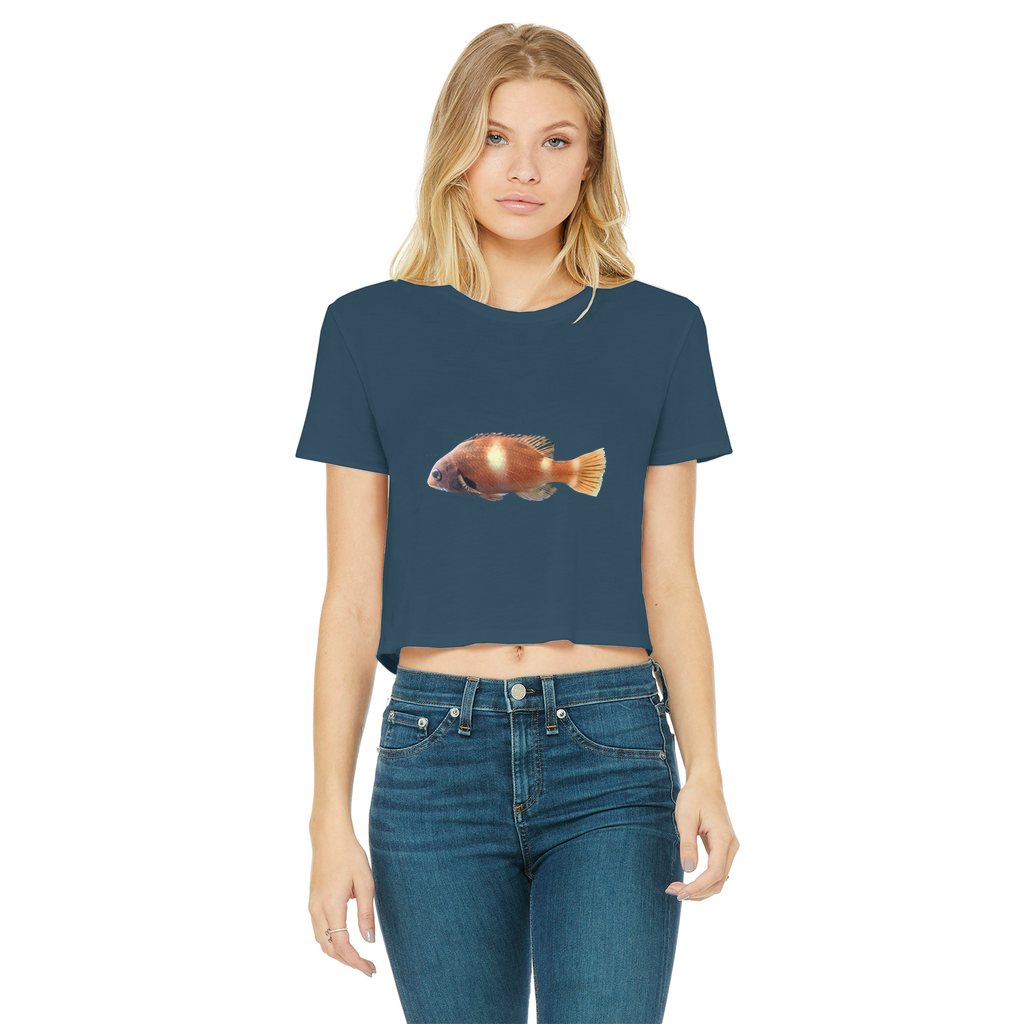 Orange Fish Classic Women's Cropped Raw Edge T-Shirt featuring a round neck and raw edge hem, made from soft cotton.