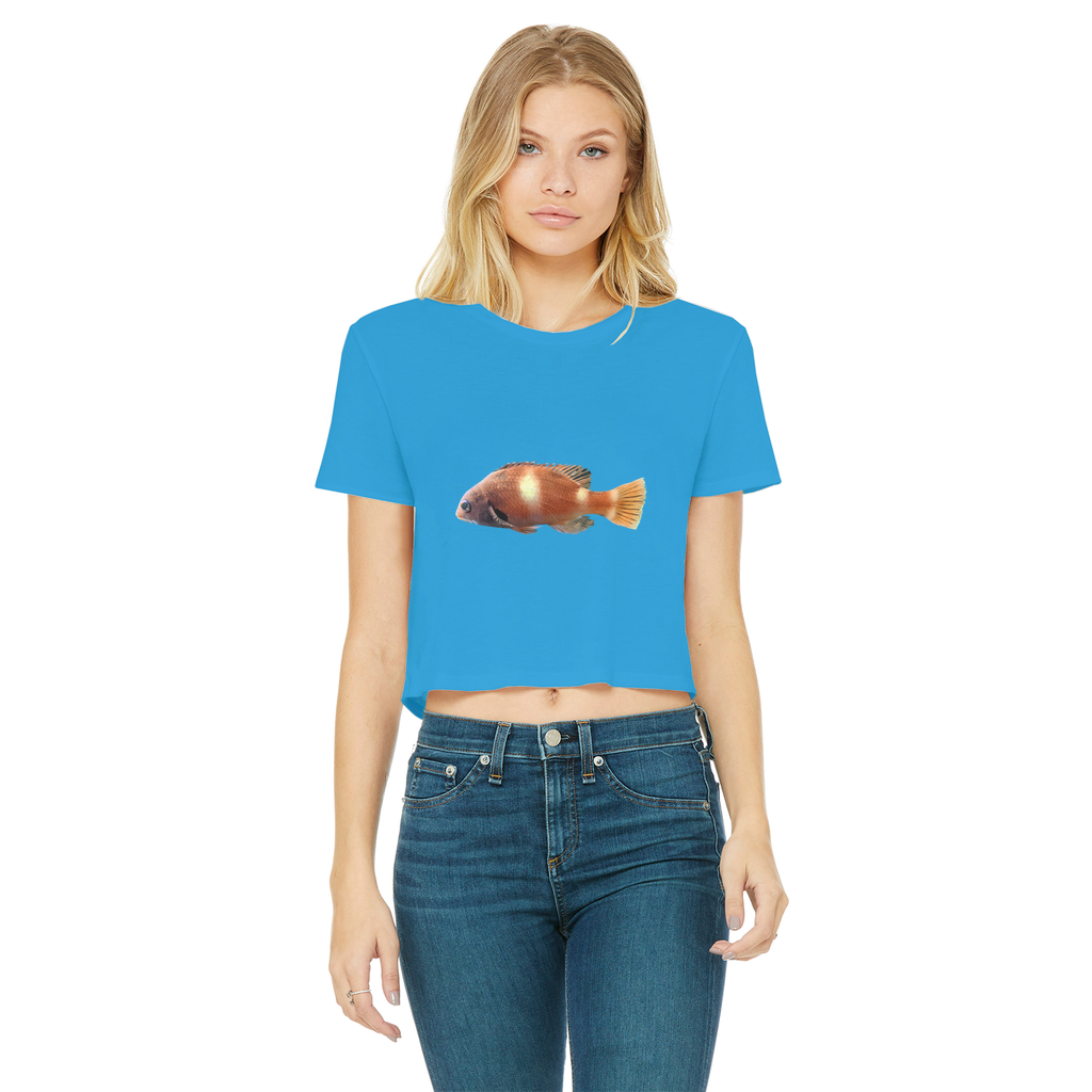Orange Fish Classic Women's Cropped Raw Edge T-Shirt featuring a round neck and raw edge hem, made from soft cotton.