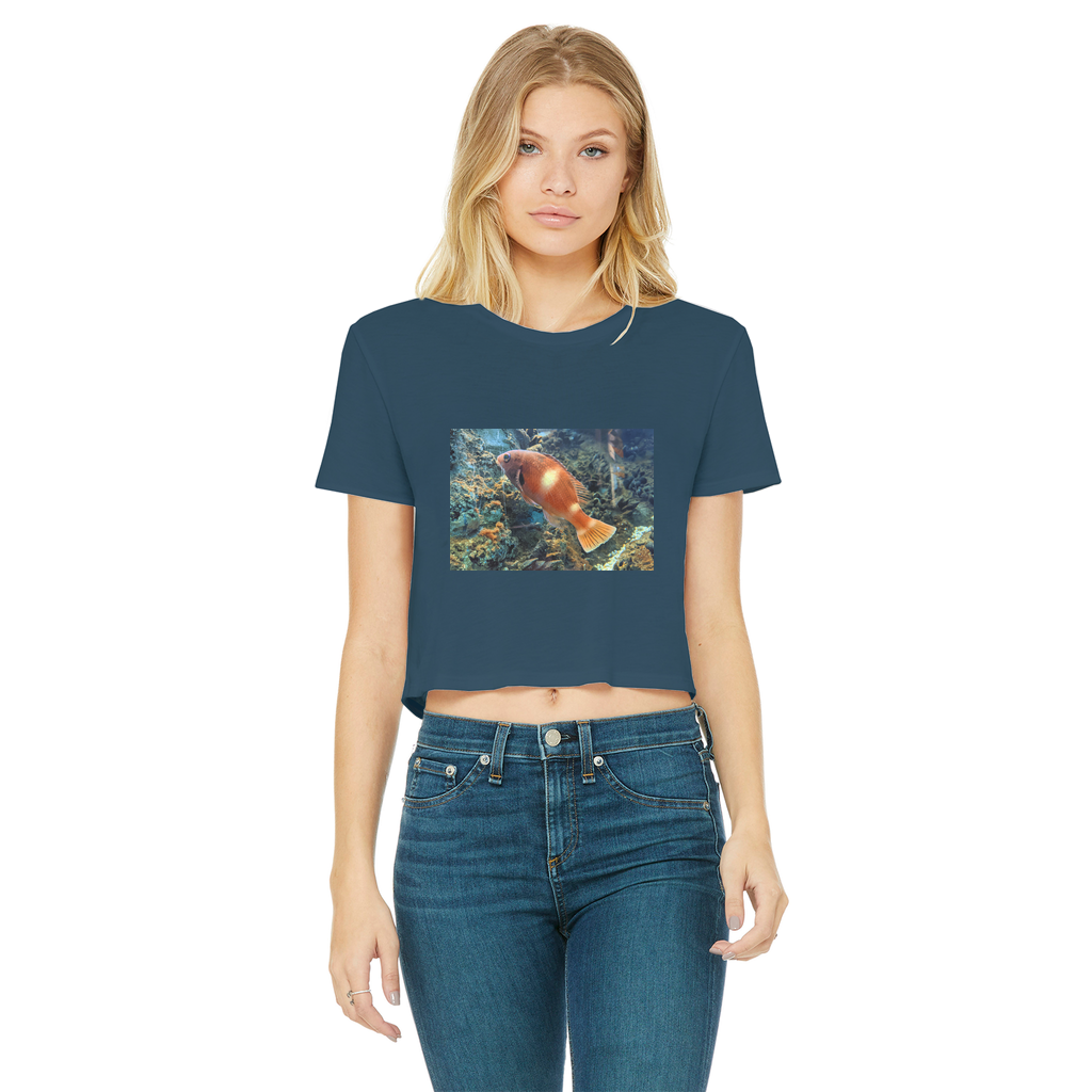 Orange Fish Classic Women's Cropped Raw Edge T-Shirt featuring a round neck, short sleeves, and a raw edge cut hem in vibrant orange color.