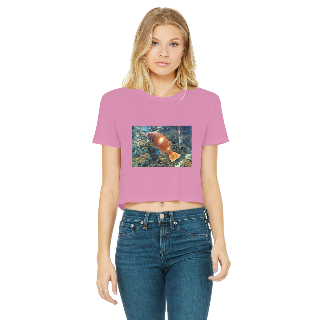 Orange Fish Classic Women's Cropped Raw Edge T-Shirt featuring a round neck, short sleeves, and a raw edge cut hem in vibrant orange color.