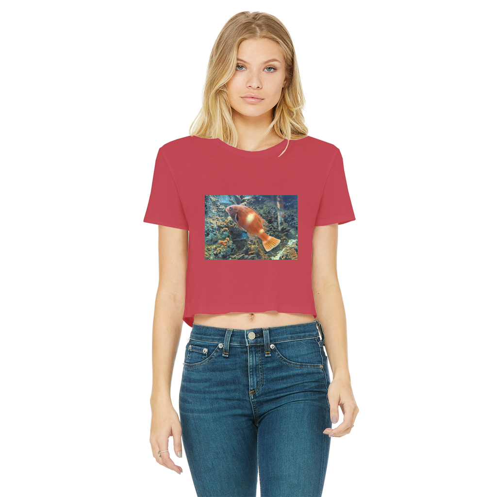 Orange Fish Classic Women's Cropped Raw Edge T-Shirt featuring a round neck, short sleeves, and a raw edge cut hem in vibrant orange color.