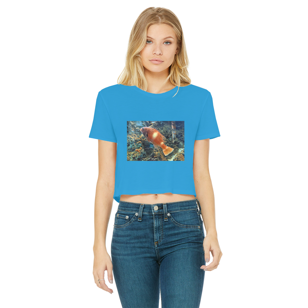 Orange Fish Classic Women's Cropped Raw Edge T-Shirt featuring a round neck, short sleeves, and a raw edge cut hem in vibrant orange color.