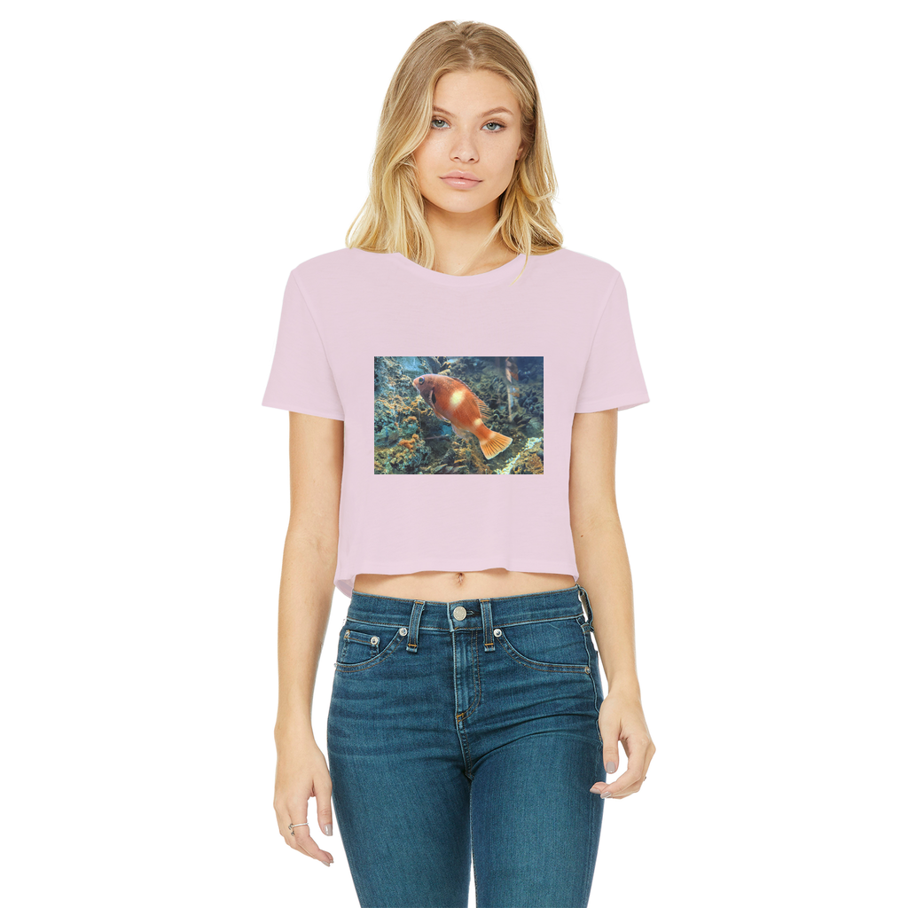 Orange Fish Classic Women's Cropped Raw Edge T-Shirt featuring a round neck, short sleeves, and a raw edge cut hem in vibrant orange color.