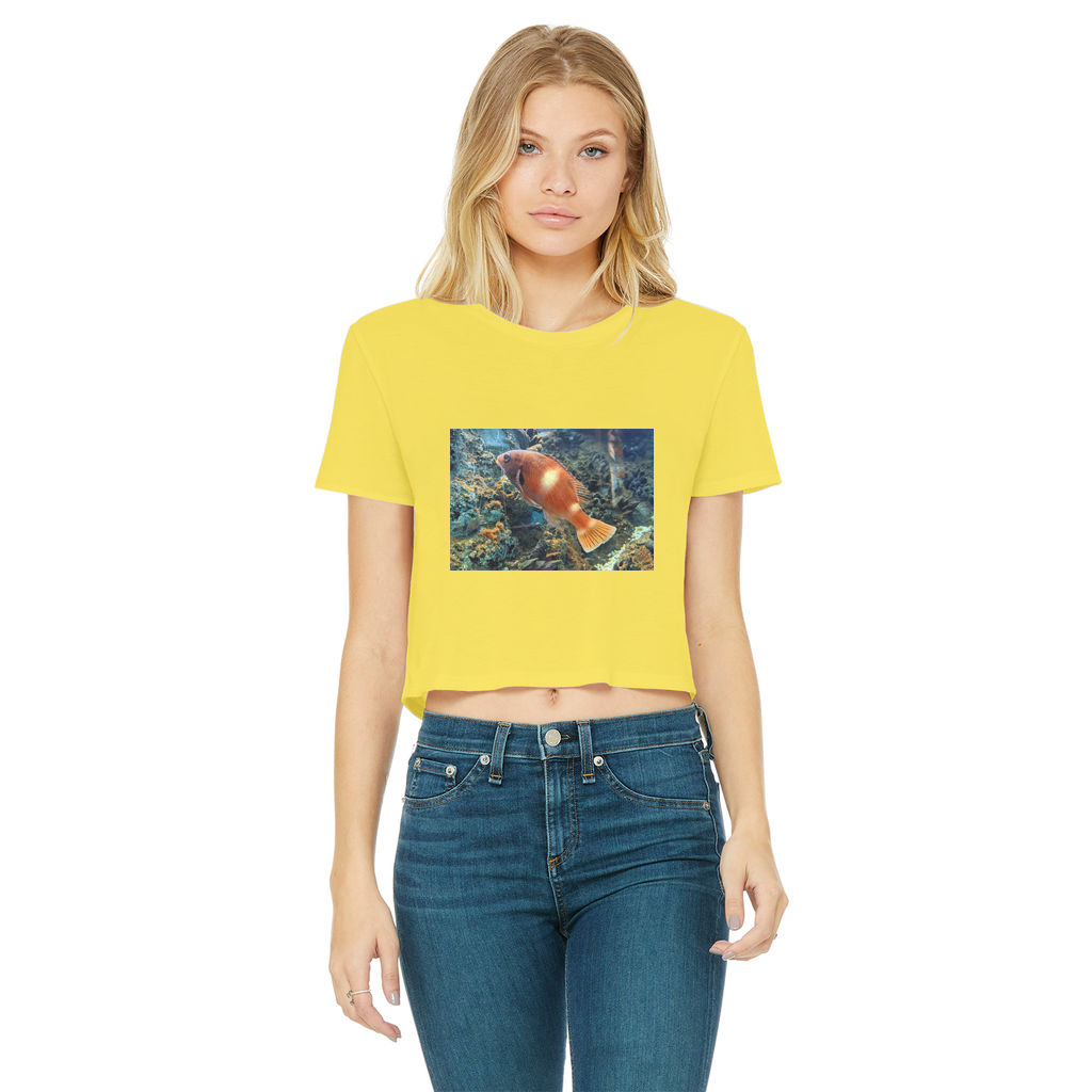 Orange Fish Classic Women's Cropped Raw Edge T-Shirt featuring a round neck, short sleeves, and a raw edge cut hem in vibrant orange color.