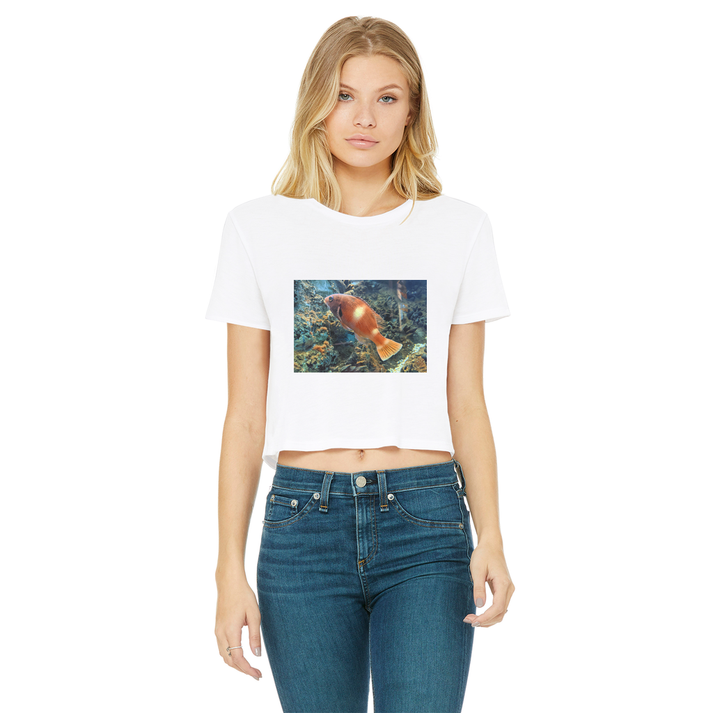 Orange Fish Classic Women's Cropped Raw Edge T-Shirt featuring a round neck, short sleeves, and a raw edge cut hem in vibrant orange color.